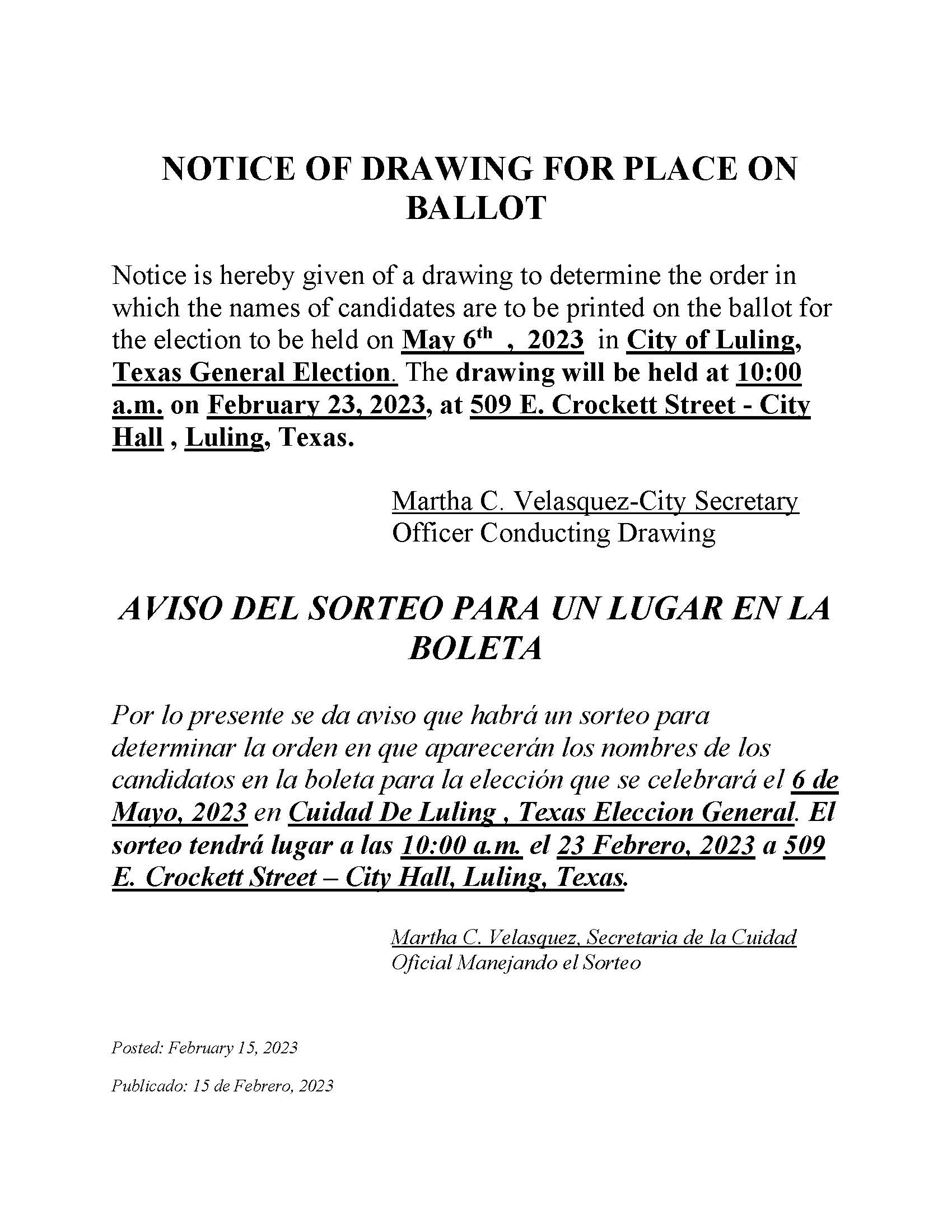 NOTICE OF DRAWING FOR PLACE ON BALLOT 2023